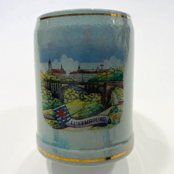 Luxembourg Ceramic Stein Hand Painted Souvenir City View Gilt Rims